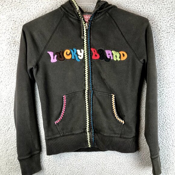 Lucky Brand Tops - LUCKY BRAND logo Embroidered Hoodie Full Zip Women Size XS Colorful Letters Y2K